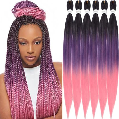 Xusuperb Rajout Cheveux Tressés Pré-étirés 30 Pouces Ombre Rose Violet Noir Kanekalon Easy Braids Meches Cheveux pour Tresses Africaine 6 Paquets Yaki Tressage Extensions de Cheveux(T1B/Purple/Pink#)