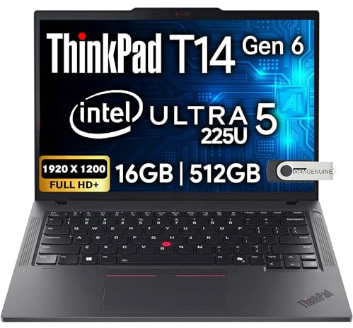 Lenovo ThinkPad T14 Gen 6 Business Laptop 14 FHD+ IPS, Intel Ultra 5 225U, 16GB DDR5 RAM, 512GB SSD, 5MP HD Webcam, Fingerprint, Backlit, Wi-Fi 6E, 2 Thunderbolt 4, AI PC