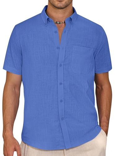 J.VER Mens Linen Shirts Short Sleeve Royal Blue Summer Regular Fit Lightweight Smart Casual Holiday Beach Button Down Shirt 2XL