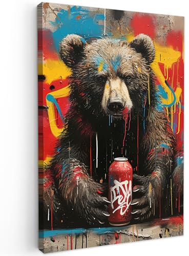 MuchoWow© Impression sur Toile Decoration Murale Peinture 80x120 cm Tableaux Decoratifs Muraux Déco Chambre Tableau Salon Graffiti - Ours - Bouteille - Mur - Street art - Banksy
