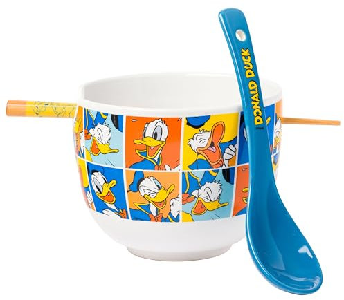 Silver Buffalo Disney Donald Duck Expressions Ramen-Nudel-Reisschale aus Keramik mit Essstäbchen und Löffel, mikrowellengeeignet, 590 ml