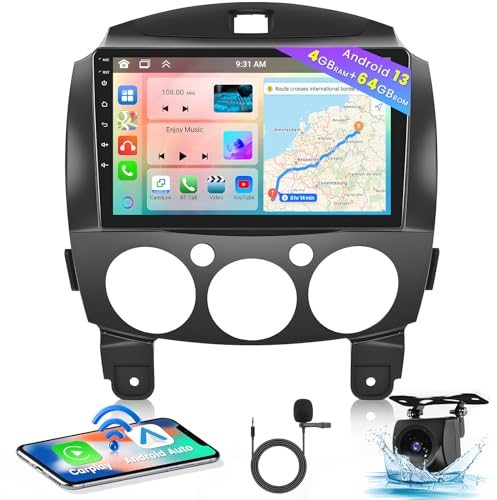 Hikity 8 Core 4GB+64GB Android 15 Autoradio für Mazda 2 2007-2014 Radio Wireless CarPlay Android Auto Bluetooth 9 Bildschrim Auto Radio mit Navi Rückfahrkamera