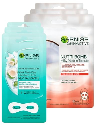 Garnier SkinActive Nutri Bomb Milky Mask Gesichtsmaske aus nährendem Stoff, aufhellend, 3 Anwendungen + revitalisierende Augenmaske mit Kokoswasser, 3 Anwendungen