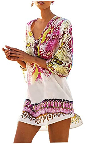 Women's Beach Cover-Up Top, Summer Chiffon Bikini Swimsuit Tunic for Beach, Pool Etc., Pink
