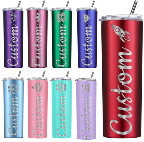 Amlion Gobelet personnalisé - Gravé au laser avec le nom, gobelets en acier inoxydable de 20 oz personnalisés avec couvercles et pailles pour les femmes et les hommes - 13 couleurs et 42 icônes