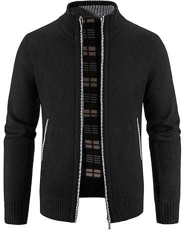 NANAMEEI Herren Winter-Dicker Strickjacke Mode-Schlichter Pullover-Cardigan - Feinstrick,Stehkragen und Durchgehendem Reissverschluss,Fleece-Jacke, Warm,Trachtenjacke, Langarm Outdoor Männer Schwarz L