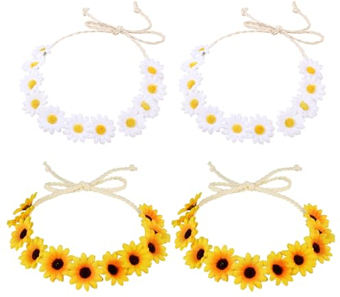 UILYNIU 4 Stück Hippie Accessoires Blumenkranz Haare, Gänseblümchen Blumen Stirnband, Damen Mädchen Garland Stirnbänder, Boho Stirnband Blume für Strand Haarreif Blumen Kopfschmuck (Weiß, Gelb)