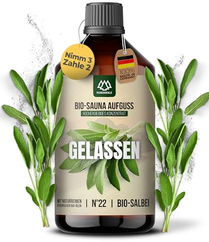 NORDHOLZ® Saunaaufguss BIO [NATURREINE ÄTHERISCHE BIO-ÖLE] Sauna Aufgussmittel #22 Gelassen 250ml Salbei - Sauna Aufguss aus Franken - Saunaduft