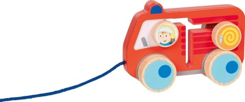 goki 54856 - Ziehfahrzeug Feuerwehr 112 für Kinder, Spielerisches Lauflernspielzeug aus Holz, verschiebbarer Feuerwehrmann und Schlauch, drehbare Reifen, ab 1 Jahr