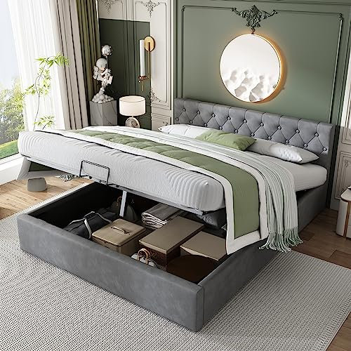 KEYIDE Polsterbett 140 x 200 cm, Hydraulisch Bett mit Bettkasten, Doppelbett mit Kopfteil und Lattenrost, Stauraumbett Jugendbett Bettgestell, Samtstoff, Grau, Ohne Matratze (140 x 200 cm)