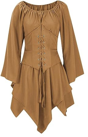 Mrat Halloween-Kleid für Damen, Mittelalterkleid, Renaissance-Kostüm, ausgestellte Ärmel, ausgefallenes Cosplay, traditionelles irisches Kleid, Schnürung, Rüschenärmel, hoher Saum, Maxikleid,