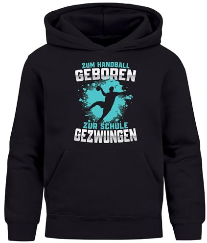 MoonWorks® Kinder Hoodie Jungen Handball Sport Hobby Spruch Zur Schule gezwungen Geschenk Handballspieler schwarz 140