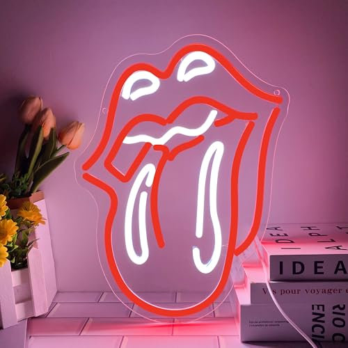 Red Lips Tongue Neon Sign, Retro Rock and Roll Neon Light Sign, Music Room Sign Band Sign,USB Powered for Music Lovers Bar Party Pub Man Cave Room Wall Decor(12.2 * 15.7in)