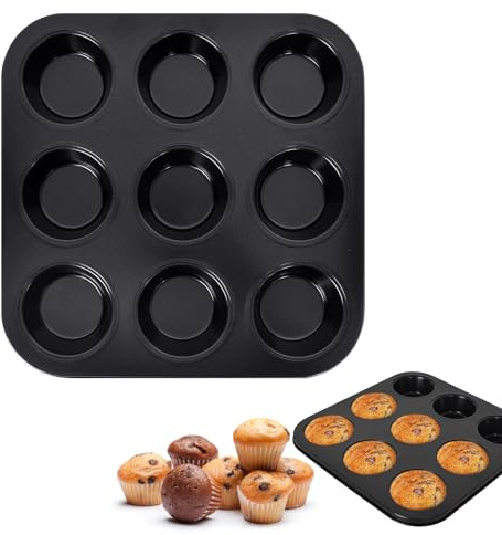 Kohlenstoffstahl Muffinform, Rund Backblech für Muffins, Antihaftbeschichtet Muffinblech, Waschbar Muffinform Blech für 9 Muffins, Cupcake Blech, Backform für Cupcakes, Brownies, Kuchen, Pudding