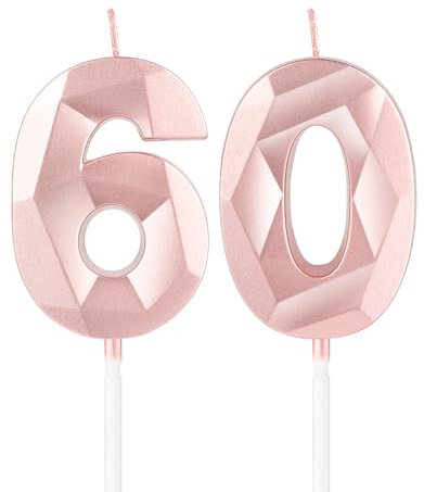 Rose Gold 60th Birthday Candles,3D Number 60 Candle for Cake,Women 60th Birthday Decorations,Rose Gold 60 Candle Cake Topper for Girls Women Her Him Birthday Party Wedding Decorations