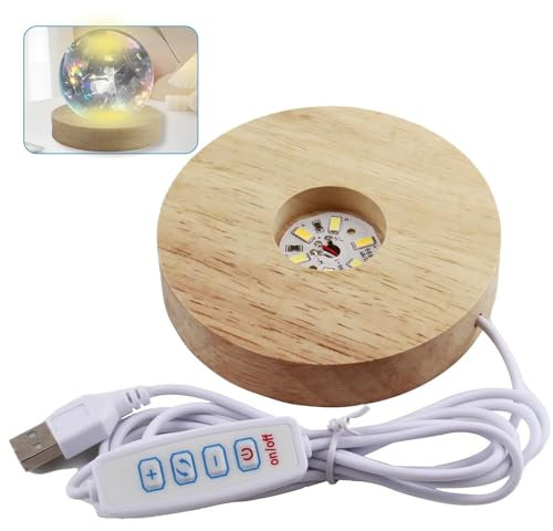 Wooden LED Light Display Base Stand 10CM, USB Round Light Dispaly Base with 3 Light Modes Warm White Neutral, Wood Base Light Round Light Base for Crystal Glass Resin Art Jewelry Acrylic
