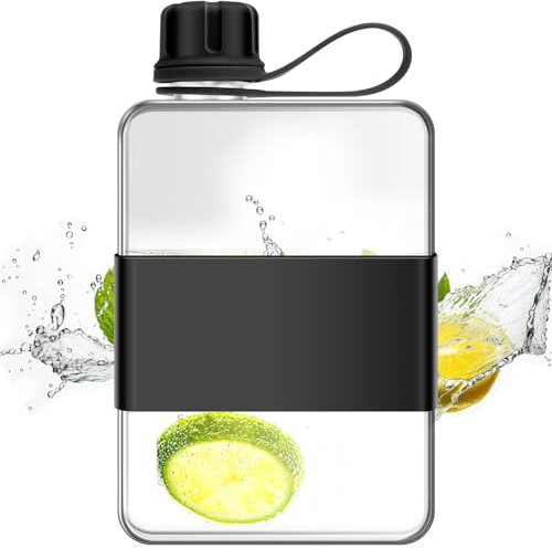 Ghshanog Flat Water Bottle for Purse,500ML Portable Square Water Bottle with Handle,Tritan Slim Water Bottles Leak-Proof Travel Flask Mug for Mountain Climbing, Camping, Parties, School