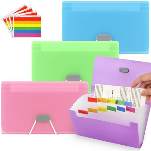 4 Pcs A6 Expanding Flashcard File Holders, Plastic Flash Card Organiser | Portable, 13 Pockets, with Colored Tags, for Cards Bills Receipt Cash