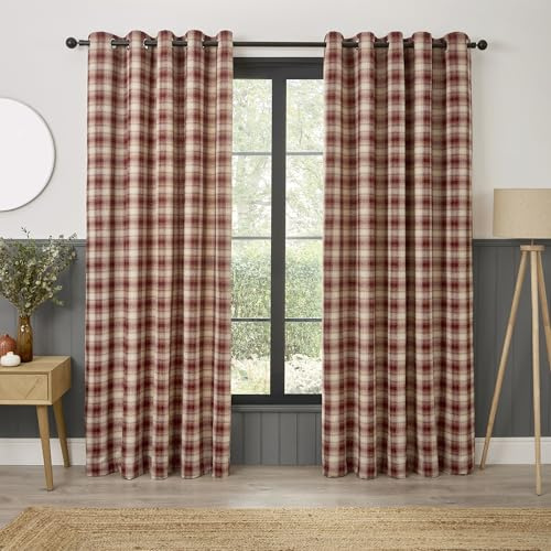 Curtina Everett Eyelet Curtains, Living Room, 117 x 137 cm, Red, 100% Recycled Polyester, Light Filtering, Jacquard Woven, Traditional, Checkered