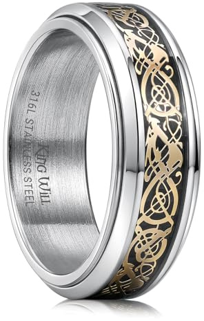 King Will Schwarzer Fidget Ring Keltischer Drachen Spinner Ring Edelstahlring mit blauem/rotem/lilaem Kohlefaser-Inlay, 8mm Angstring für Männer und Frauen