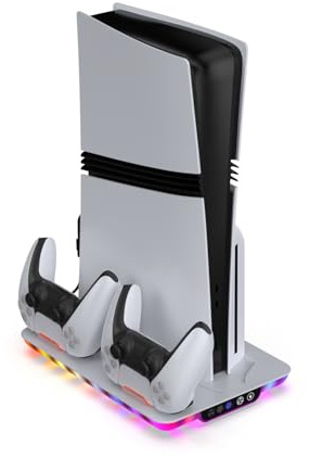 DaMohony Charging Station for PS5/PS5 Slim/PS5 Pro Console, PS5 Cooling Stand & Controller Chargers with RGB LED Charging Dock, Game Accessories with 3 Level Cooling Fan