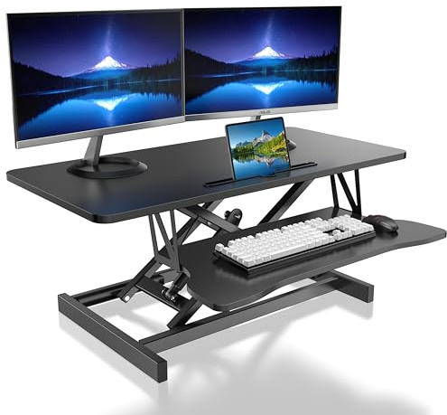 Mihoho Height Adjustable Standing Desk, 80cm Dual Monitor and Laptop Workstation with Large Keyboard Tray, Sit to Stand Riser Converter for Office Home (90cm)