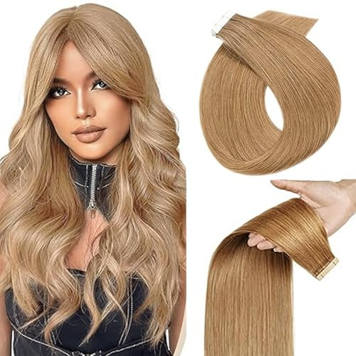 WuvuSnm Tape In Extensions Echthaar Human Hair Straight Invisible Extensions #27 Honey Blonde Color 20 Zolls 10 Pièces/40g Haarverlängerung Echthaar for Women Minimal Smell Low Shedding