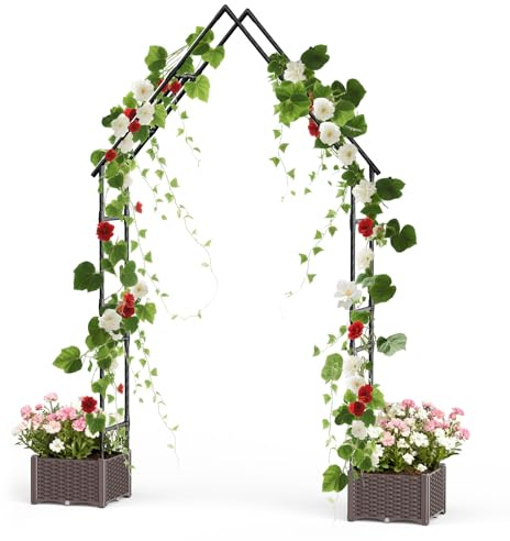 Virimolo Metall-Rosenbogen Mit 2 Blumenkästen | Gartenbogen Als Rankhilfe Für Rosen & Kletterpflanzen | Dekorativer Torbogen Für Garten, Hochzeit & Festdekoration