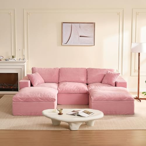 Litbird Modulares Ecksofa & Schlafsofa, 268 cm U-förmige Cloud Couch mit hochwertiger Komfortschaum, Montagefrei, Tiefe Sitzfläche, Cordstoff, Verwandlungssofa für Wohnzimmer,Rosa
