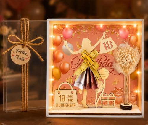 Geldgeschenk 18 Geburtstag Mädchen, Kreative Geldgeschenke Verpackung | Personalisierte 18 Geburtstag Geschenkbox mit Holz-Schild Gästebuch, LED Lichterkette, Getrocknete Blumen, Reagenzglas