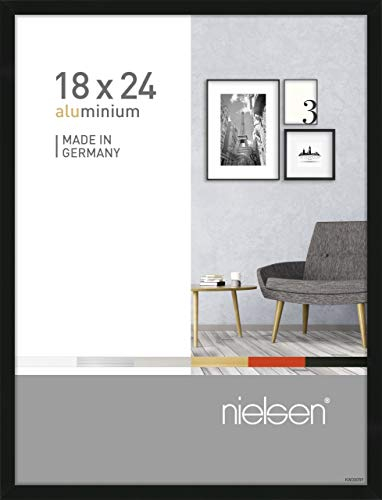 nielsen Bilderrahmen, 18 x 24 cm, Aluminium, Schwarz glanz, Fotorahmen zum Auftstellen und Aufhängen im Hoch- & Querformat, Echtglas, Pixel