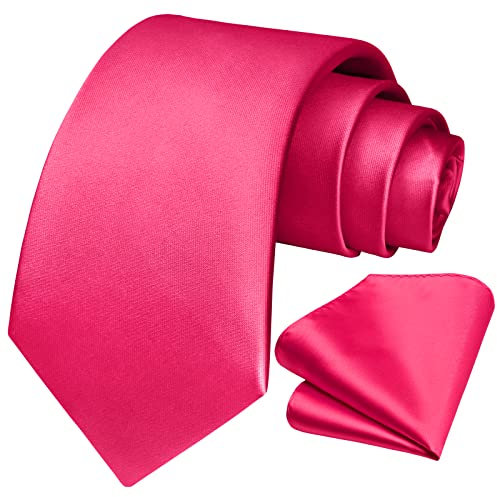 HISDERN Cravate Homme Rouge rosé Cravate et Mouchoir de poche Set - Travail Fête Mariage Cravates Soie avec Boîte Couleur Unie Cadeau pour hommes,Rouge rosé