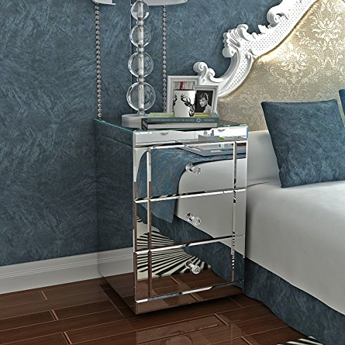 Table de Chevet Miroir Meuble de Rangement en Verre avec 3 Tiroirs sur Salon, Chambre, Bureau Salle de Bains etc, Taille: 44 * 44 * 65cm, Poids: 20kg