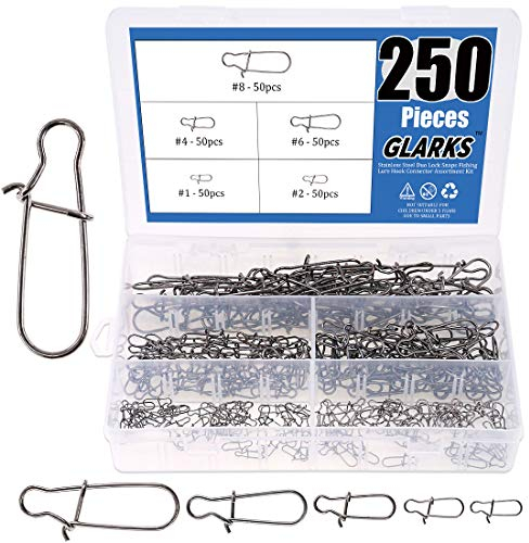 Glarks 250Pcs #1#2#4#6#8 Strong Stainless Steel Duo Lock Snaps Nice Swivel Slid Rings Fishing Lure Hook Connector Freshwater Saltwater Fishing Gear Accessories Assortment Kit - Test: 40LB-220LB