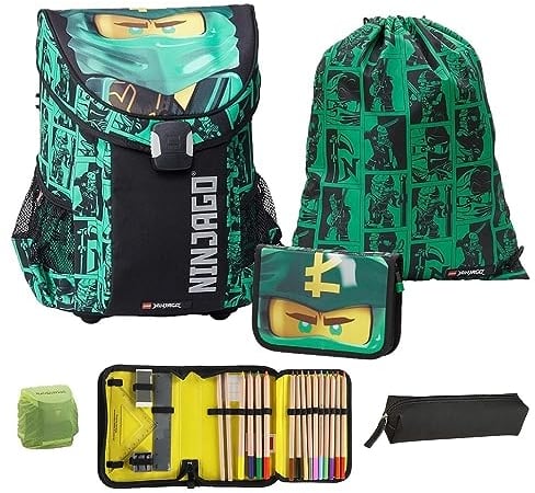 Familando Ninjago Schulranzen Set Jungen – Mit gefüllter Federmappe und Turnbeutel – Ergonomisch Stabil 790g leicht 16L Volumen – Brustgurt Reflektoren Regenschutz – Komplettset 1. Klasse Grundschule
