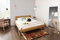 SalesFever Balkenbett SARAH | 140 x 200 cm | massives Holzbett aus Fichte | natürliche Maserung | geölte Oberfläche | geneigtes Kopfteil | Gestell mit Y-Beinen | FSC® 100%