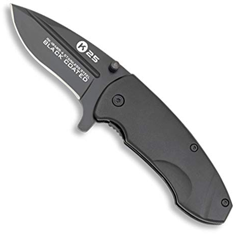 K25-18488 - Navaja Negra Titanium H. 6 cm. - Herramienta para Caza, Pesca, Camping, Outdoor, Supervivencia y Bushcraft