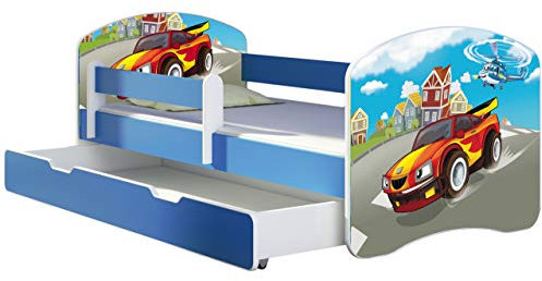ACMA Kinderbett Jugendbett mit Einer Schublade und Matratze Blau mit Rausfallschutz Lattenrost II 140x70 160x80 180x80 (03 Racing Car, 180x80 + Bettkasten)