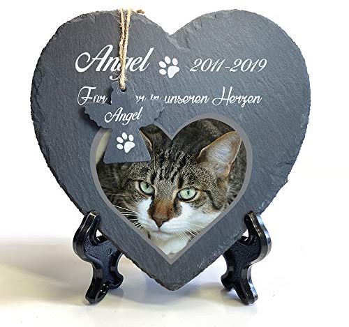 Individueller Personalisiert Groß Herzform und Engel Tiergrabstein Schiefer Gedenkstein + Ständer für Hund, Katze und andere Haustiere Tiere - Größe | 25 x 25 cm | - Foto