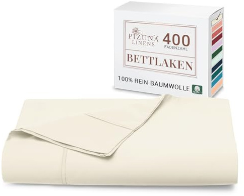Pizuna Bettlaken 230x280 cm Baumwolle Neues Elfenbein 400 Fadenzahl | 100% Langstapel Baumwolle Bettlaken ohne Gummizug, Satinbindung nur Flachlaken Mit stilvollem 5 cm Saum Mako Satin