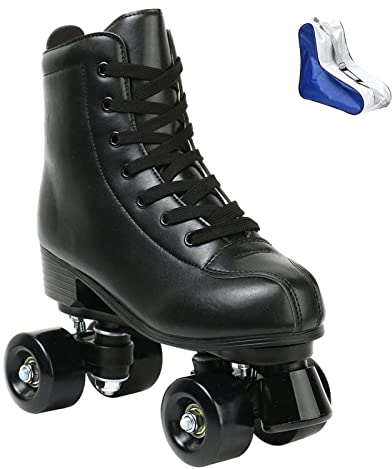 XUDREZ Rollschuh-Schuhe für Damen und Herren PU-Leder High-Top Zweireihige Rollschuhe für Anfänger, professionelle Indoor-Outdoor-Rollschuhe mit Schuhtasche (schwarzes Rad, 45)