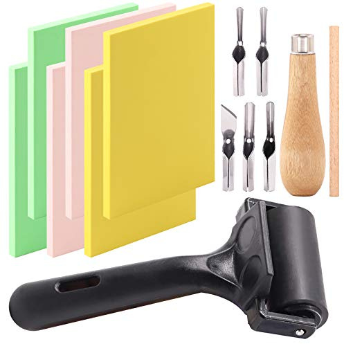 Keadic 12Pcs Soft Rubber Carving Blocks Kit, Comes with Linoleum Cutter Tools & 2 Inches Rubber Roller Brayer Rollers Glue Roller for Ink Paint Block Stamping, Printmaking Wallpaper and Arts & Crafts