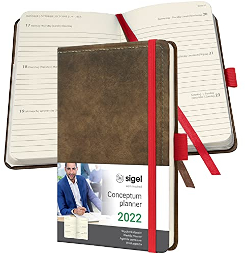 SIGEL C2256 Terminplaner Wochenkalender 2022 - Vintage Design - Lederoptik - ca. A6 - braun - Hardcover - 176 Seiten - Gummiband, Stiftschlaufe, Archivtasche - PEFC-zertifiziert - Conceptum