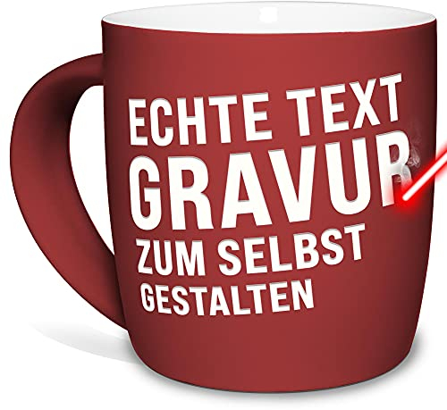 Tassendruck Tasse mit Gravur selbst gestalten - mit eigenem Spruch oder Wunschname gravieren - Keramiktasse außen gummiert - Rot, 300 ml