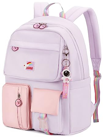 LISINUO Kinder-Rucksäcke für Mädchen, Schulrucksack, Büchertasche für Teenager, niedliche Büchertasche, Anhänger, Violett, Standard, Transparent, modern