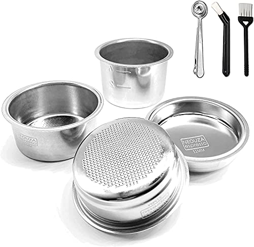 NEOUZA Cesta de filtro de acero inoxidable de 51 mm, 1/2/4 taza para portafiltro sin fondo espresso, compatible con cafetera Delonghi, Breville de 51 mm. Regalo: filtro ciego y clip de cuchara
