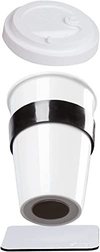 silwy® Porzellan TO-GO-CUP inkl. schwarzer Hitzeschutzbanderole, metallischen Nano-Gel-Untersetzer WHITE - rutschfeste Magnetbecher für Camping, Caravaning oder Boating