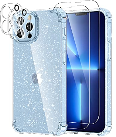 YIRSUR Cover per iPhone 13 Pro Max Glitter, con 2 Vetro Temperato Pellicola Protettiva e 2 Pellicola Fotocamera, Sottile Trasparente Glitter Custodia Protettiva Antiurto Morbida e in Silicone