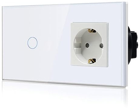 BSEED Touch Lichtschalter mit Schuko Steckdose Unterputz Glasrahmen 1 Fach 2 Weg Design Kristall Glas Platte Light Schalter Wandsteckdose Verlängerungssteckdosen 157MM Weiß
