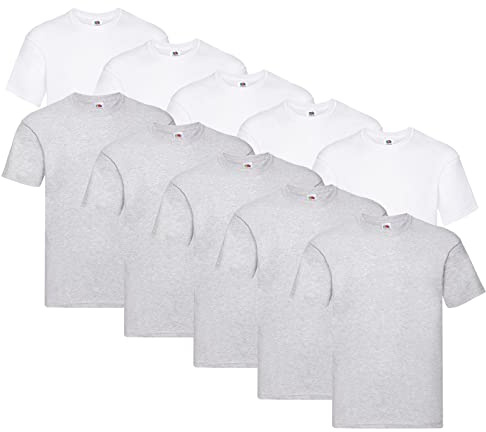 Fruit of the Loom Men's Original T. T-Shirt (Pack of 10), 5 x White + 5 x Grey + 1 Hl Purchase Notepad, XXL